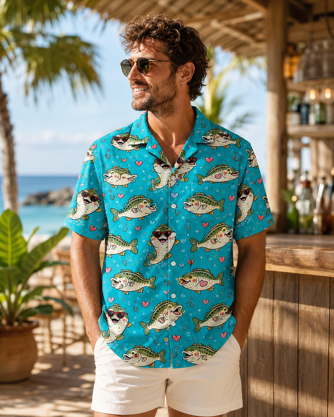 Cute Bass Fish Sunglasses Heart Men's Hawaiian Shirt