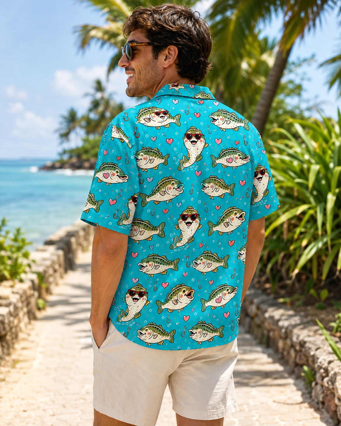 Cute Bass Fish Sunglasses Heart Men's Hawaiian Shirt