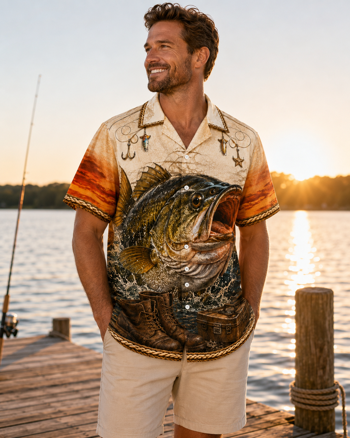 Big Bass Jumping Sunset Lure Men's Hawaiian Shirt