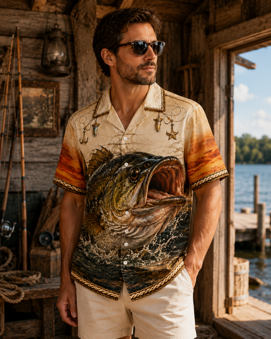 Big Bass Jumping Sunset Lure Men's Hawaiian Shirt