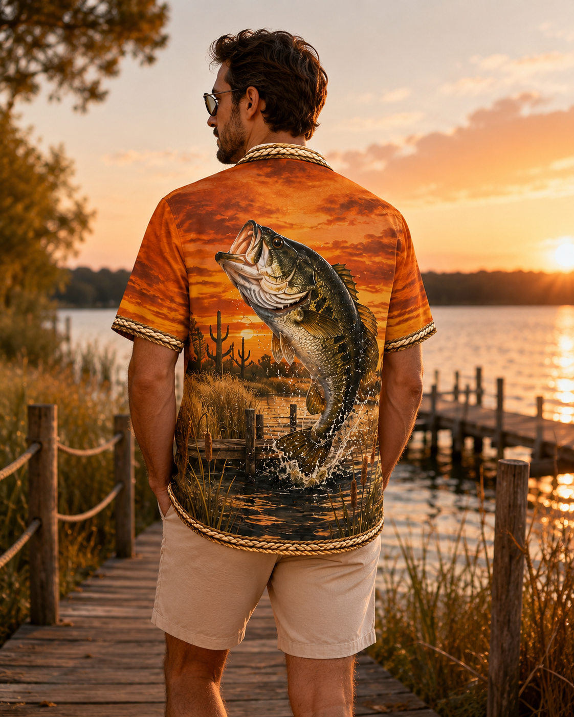 Big Bass Jumping Sunset Lure Men's Hawaiian Shirt