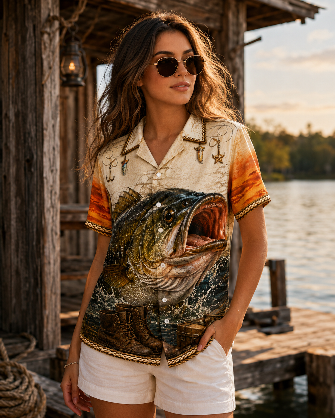Big Bass Jumping Sunset Lure Men's Hawaiian Shirt