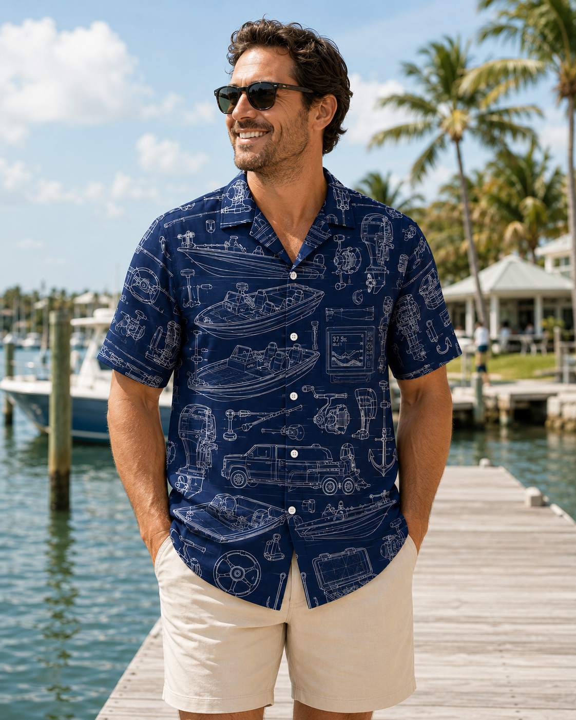 Fishing Boat Blueprint Navy Men's Hawaiian Button Shirt