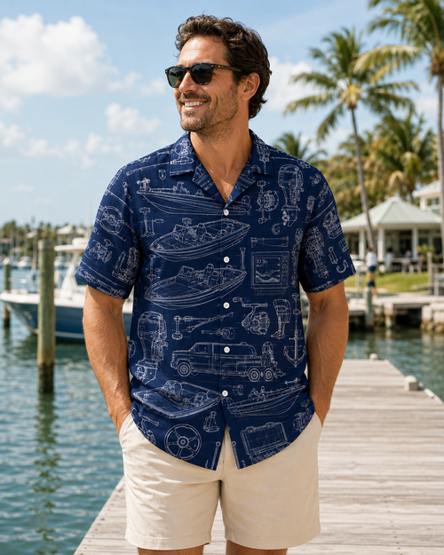 Fishing Boat Blueprint Navy Men's Hawaiian Button Shirt