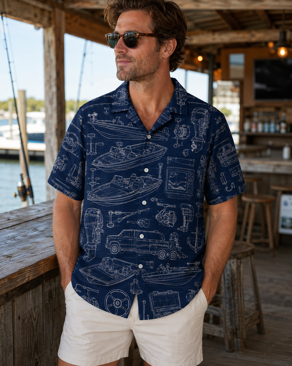 Fishing Boat Blueprint Navy Men's Hawaiian Button Shirt