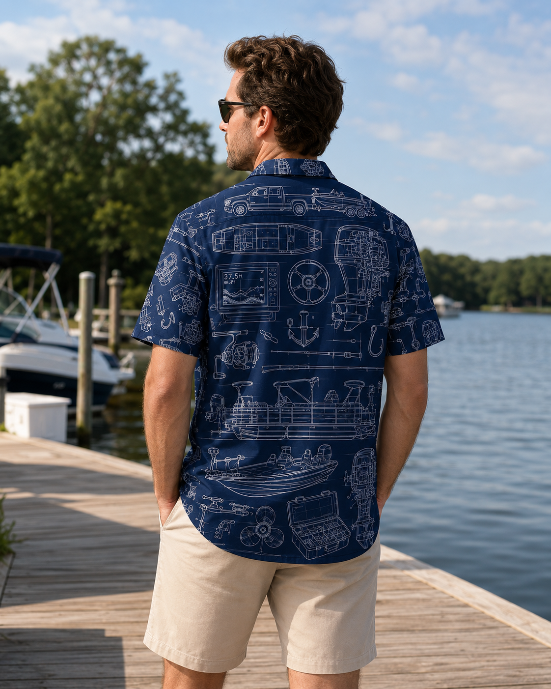 Fishing Boat Blueprint Navy Men's Hawaiian Button Shirt
