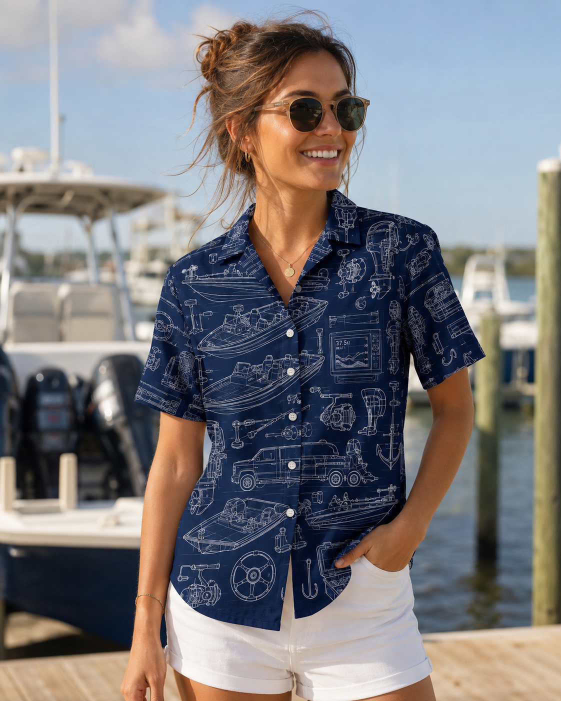 Fishing Boat Blueprint Navy Men's Hawaiian Button Shirt