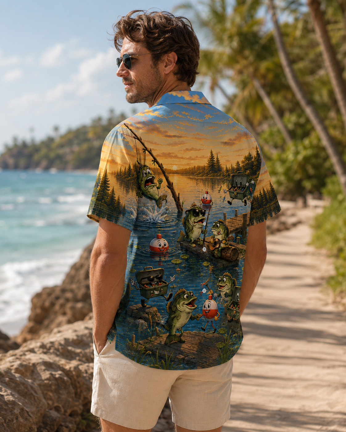 Funny Cartoon Bass Fish Party Dock Men's Hawaiian Shirt