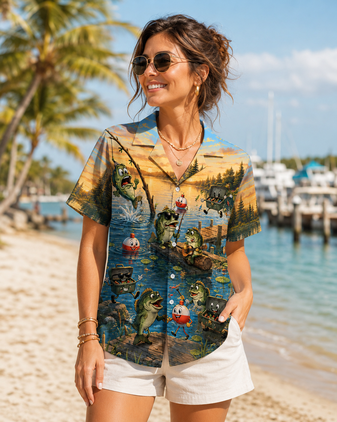 Funny Cartoon Bass Fish Party Dock Men's Hawaiian Shirt