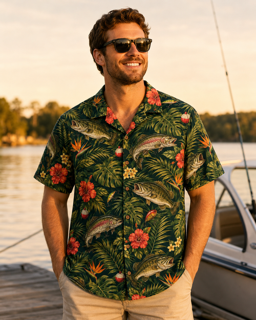 Dark Green Tropical Bass Trout Hibiscus Hawaii Shirt