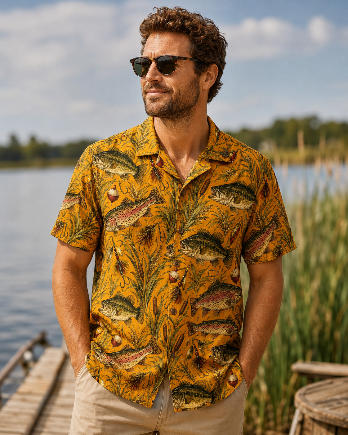 Golden Yellow Bass Trout Lure Reed Botanical Camp Shirt