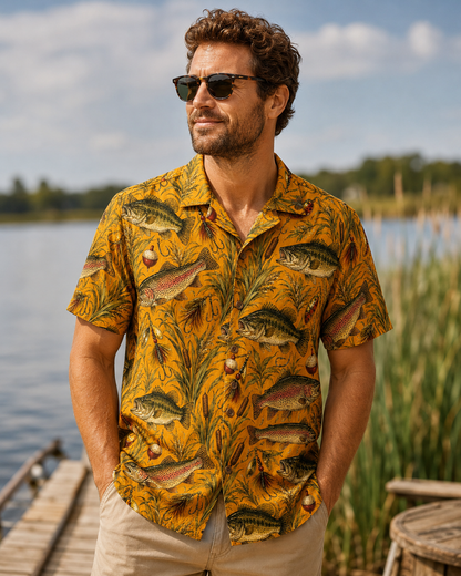 Golden Yellow Bass Trout Lure Reed Botanical Camp Shirt