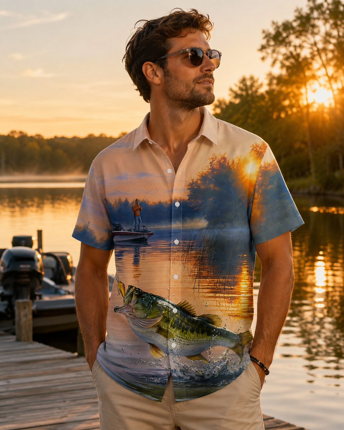 Men's Sunset Bass Fishing Hawaiian Shirt | Short Sleeve Shirt