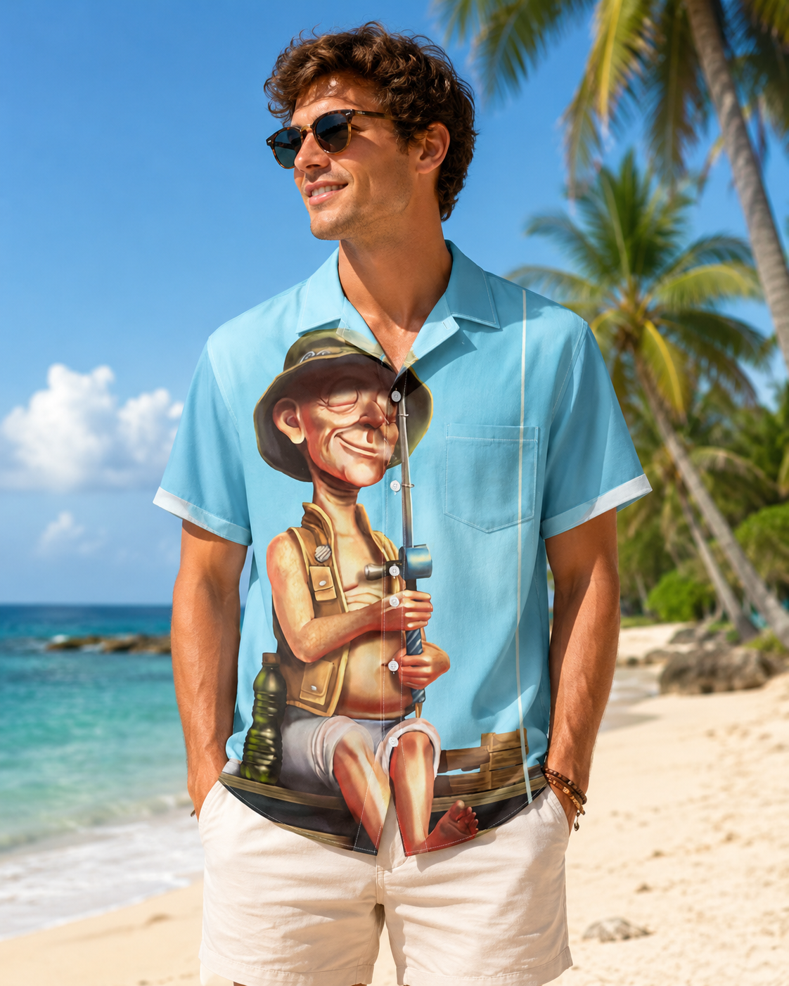 Funny Cartoon Fisherman Old Man Men's Hawaiian Shirt