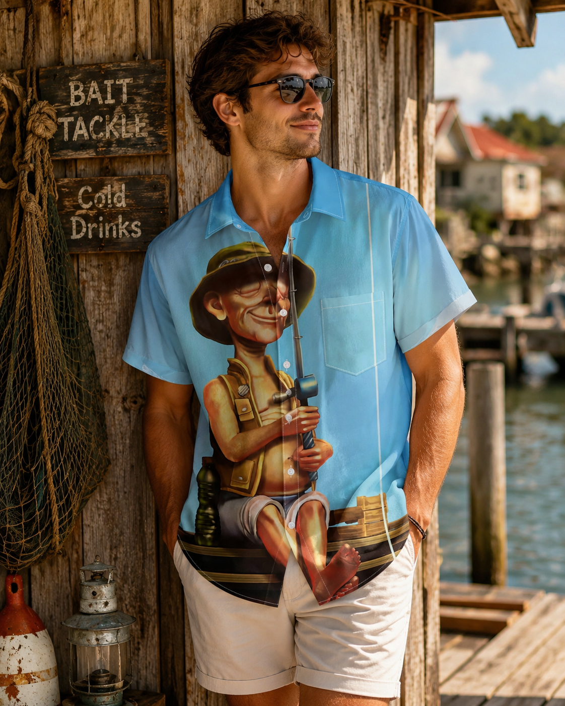 Funny Cartoon Fisherman Old Man Men's Hawaiian Shirt