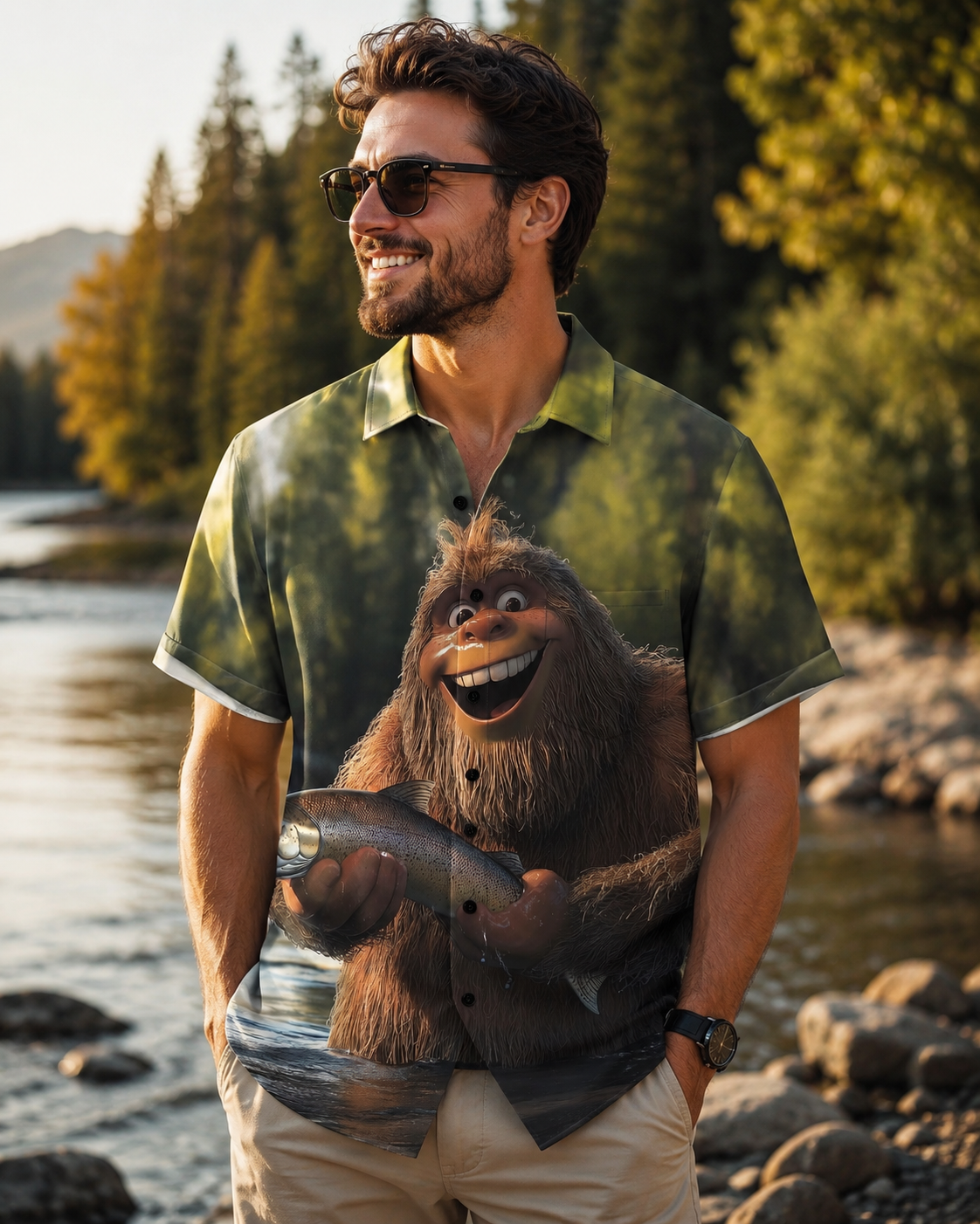 Funny Bigfoot Holding Fish Men's Hawaiian Button Shirt