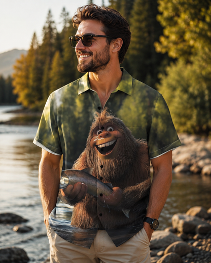 Funny Bigfoot Holding Fish Men's Hawaiian Button Shirt