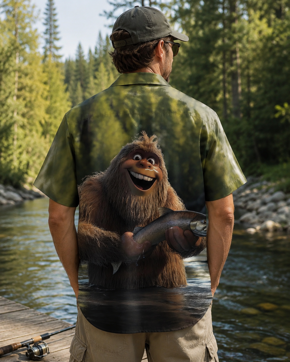 Funny Bigfoot Holding Fish Men's Hawaiian Button Shirt