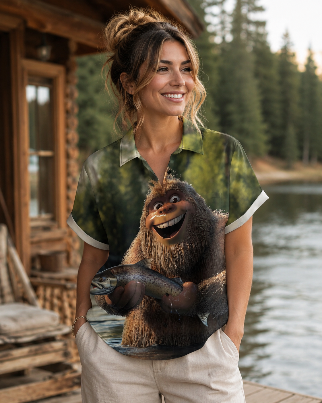 Funny Bigfoot Holding Fish Men's Hawaiian Button Shirt