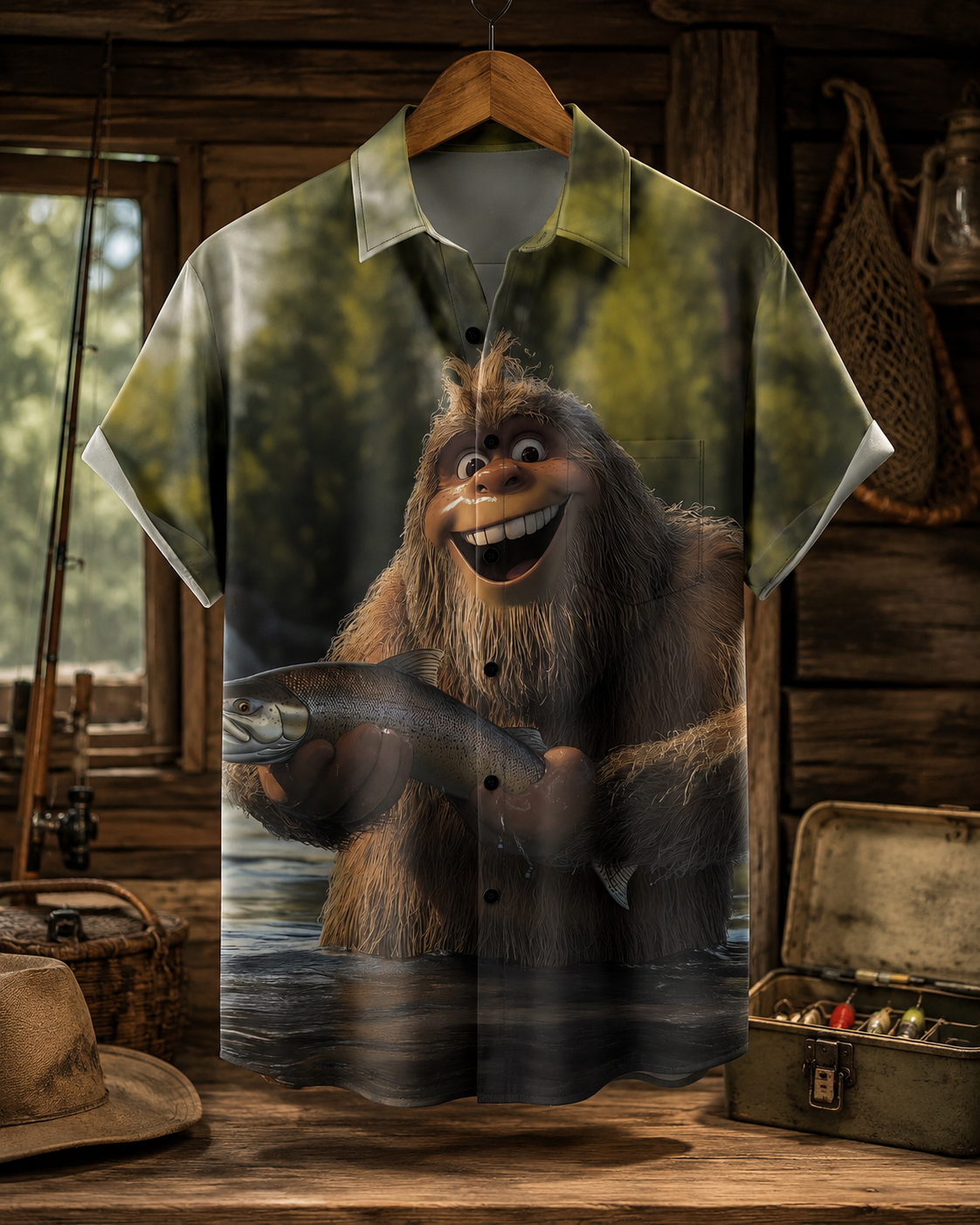 Funny Bigfoot Holding Fish Men's Hawaiian Button Shirt