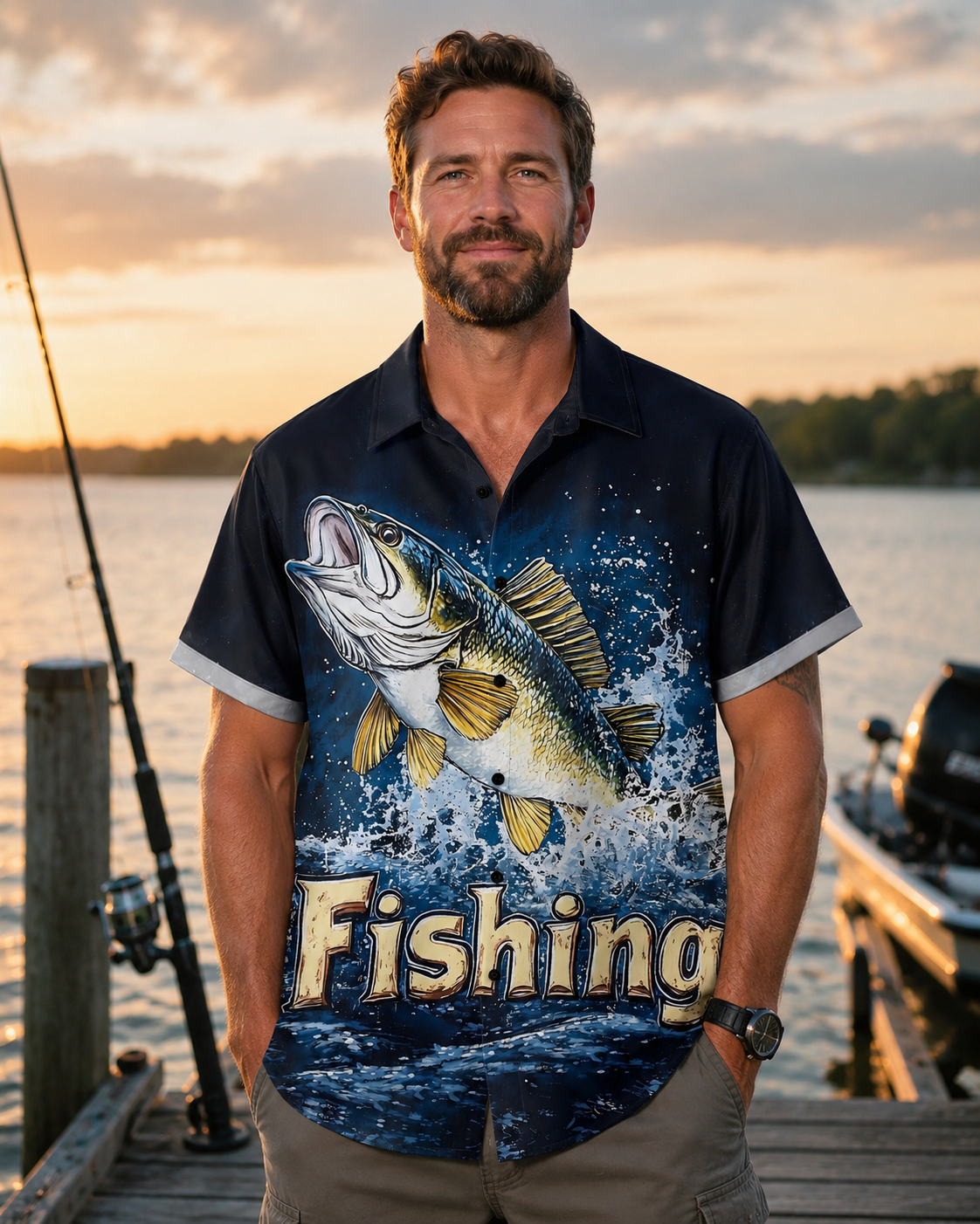 Jumping Bass Splash Fishing Men's Hawaiian Button Shirt