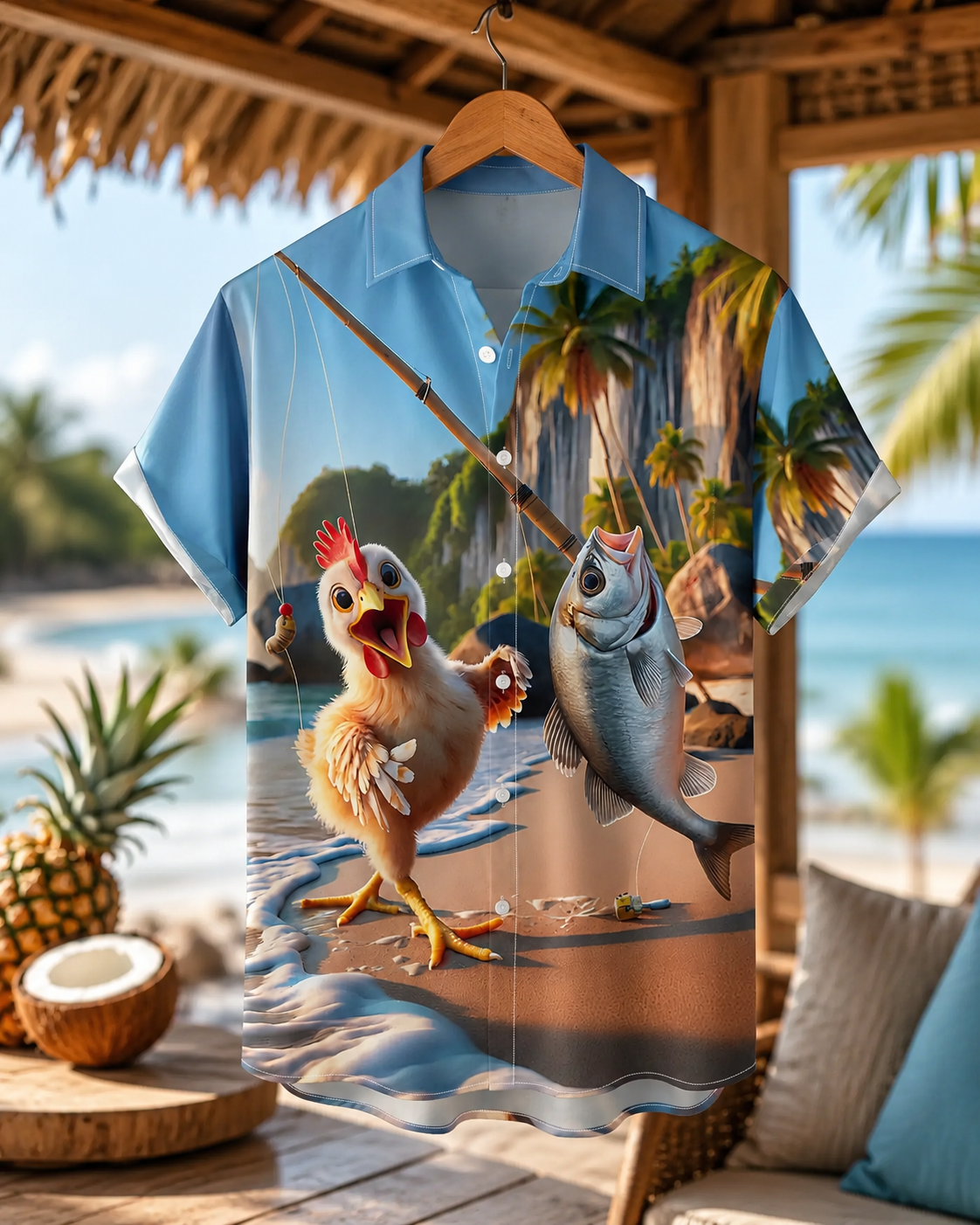 Cute Chicken & Fish Funny Men's Hawaiian Beach Shirt