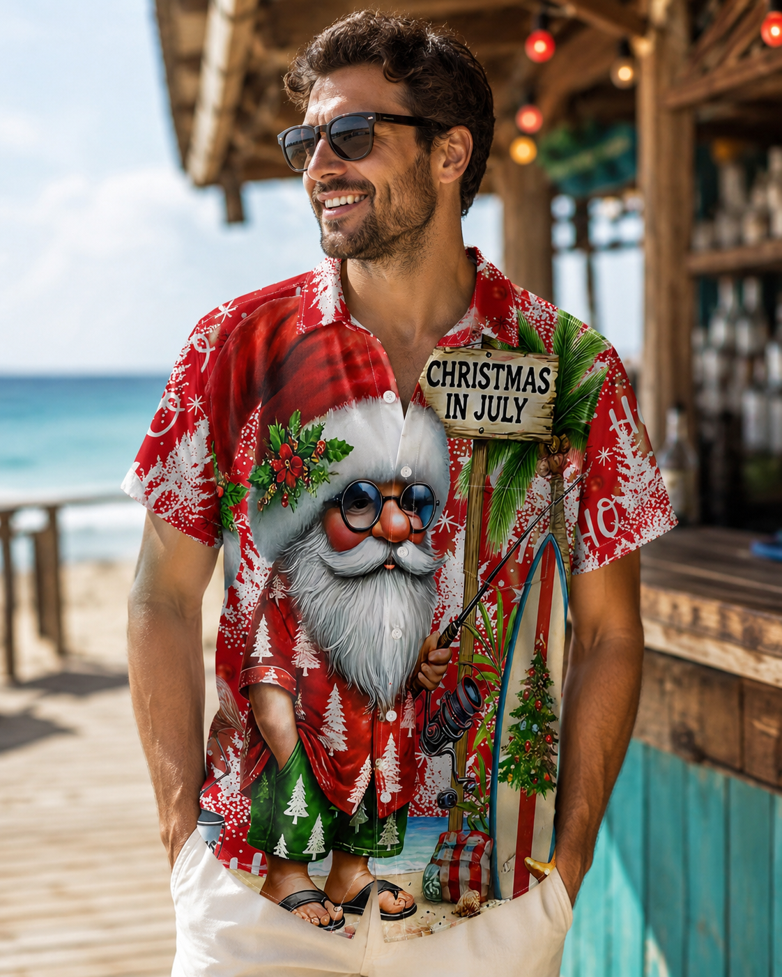 Christmas In July Santa Fishing Beach Men's Hawaiian Shirt