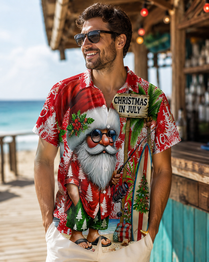 Christmas In July Santa Fishing Beach Men's Hawaiian Shirt