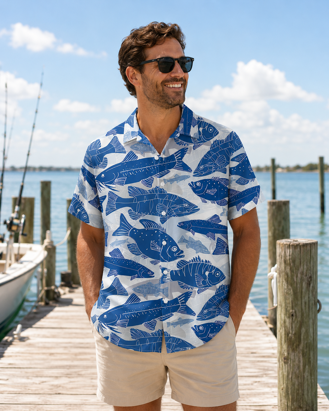 Blue White School of Fish Men's Hawaiian Button Shirt