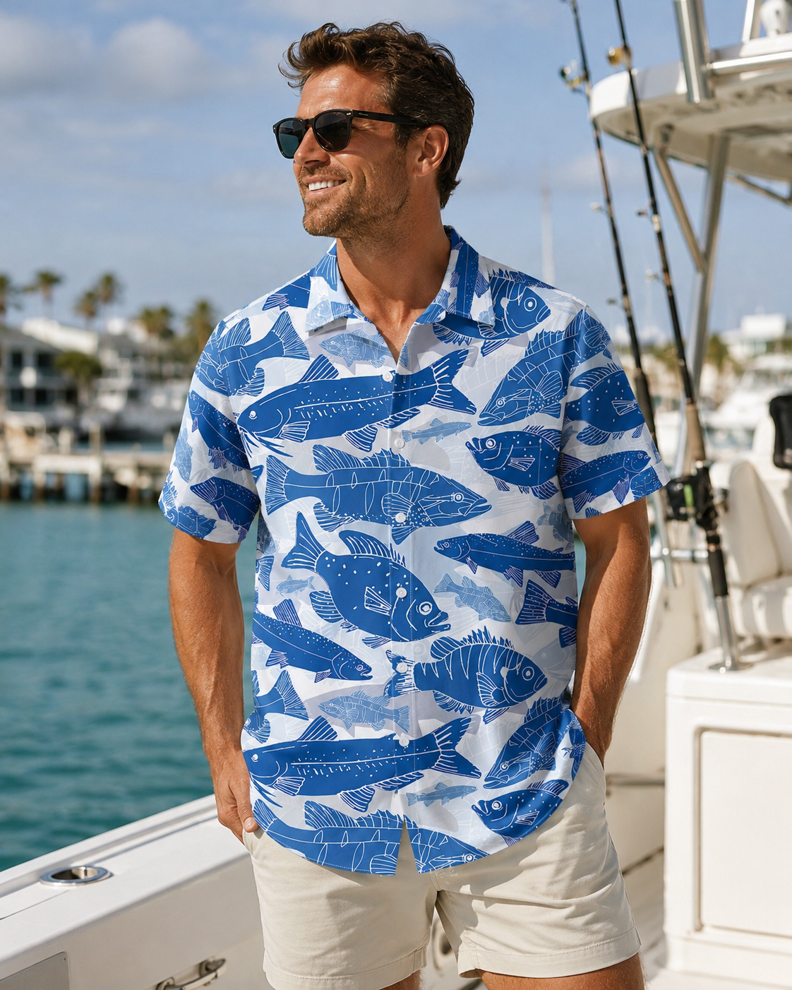 Blue White School of Fish Men's Hawaiian Button Shirt