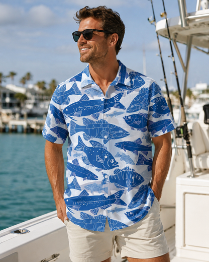 Blue White School of Fish Men's Hawaiian Button Shirt