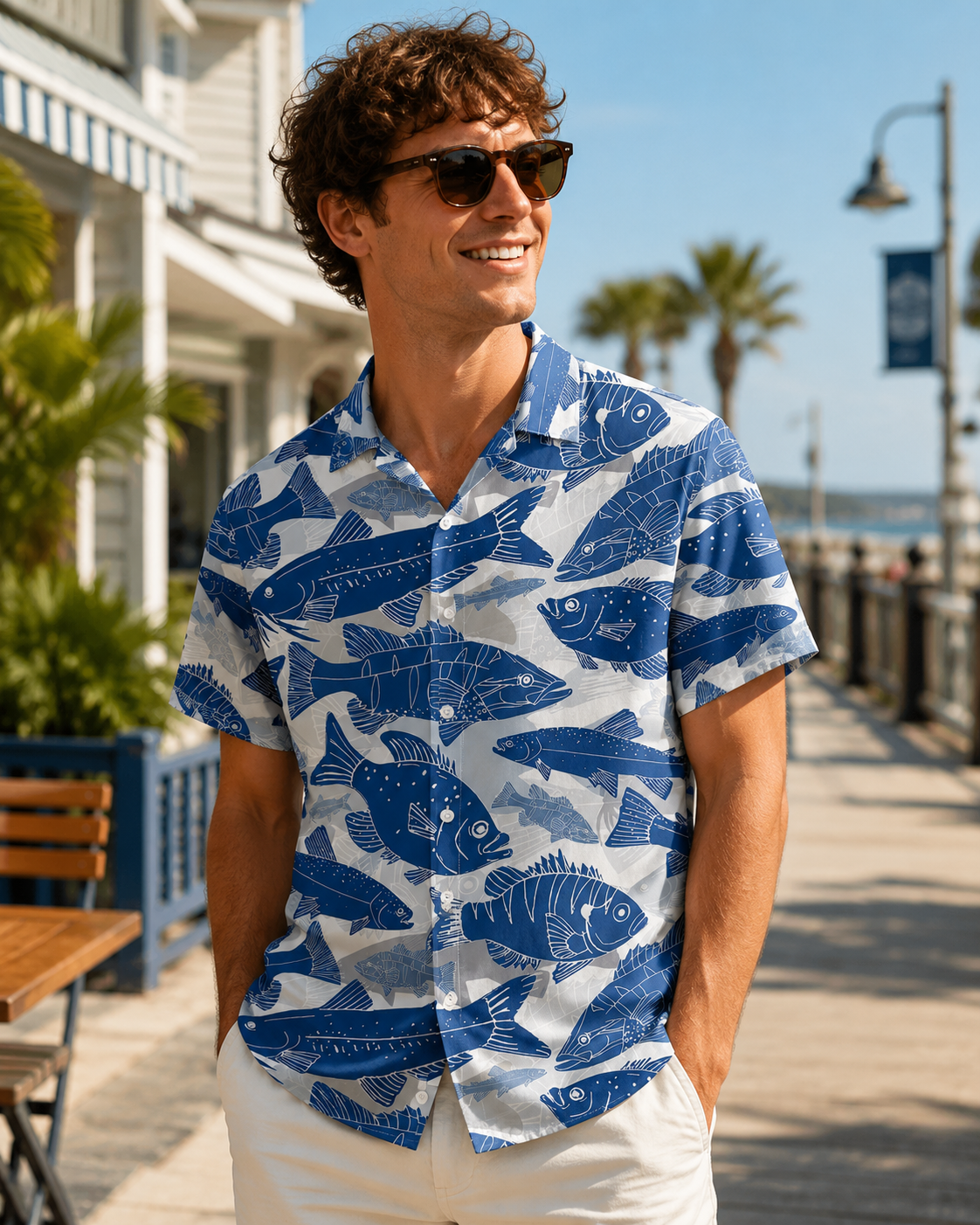 Blue White School of Fish Men's Hawaiian Button Shirt