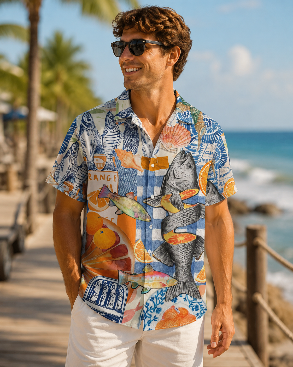 Fish Orange Collage Seashell Men's Hawaiian Shirt