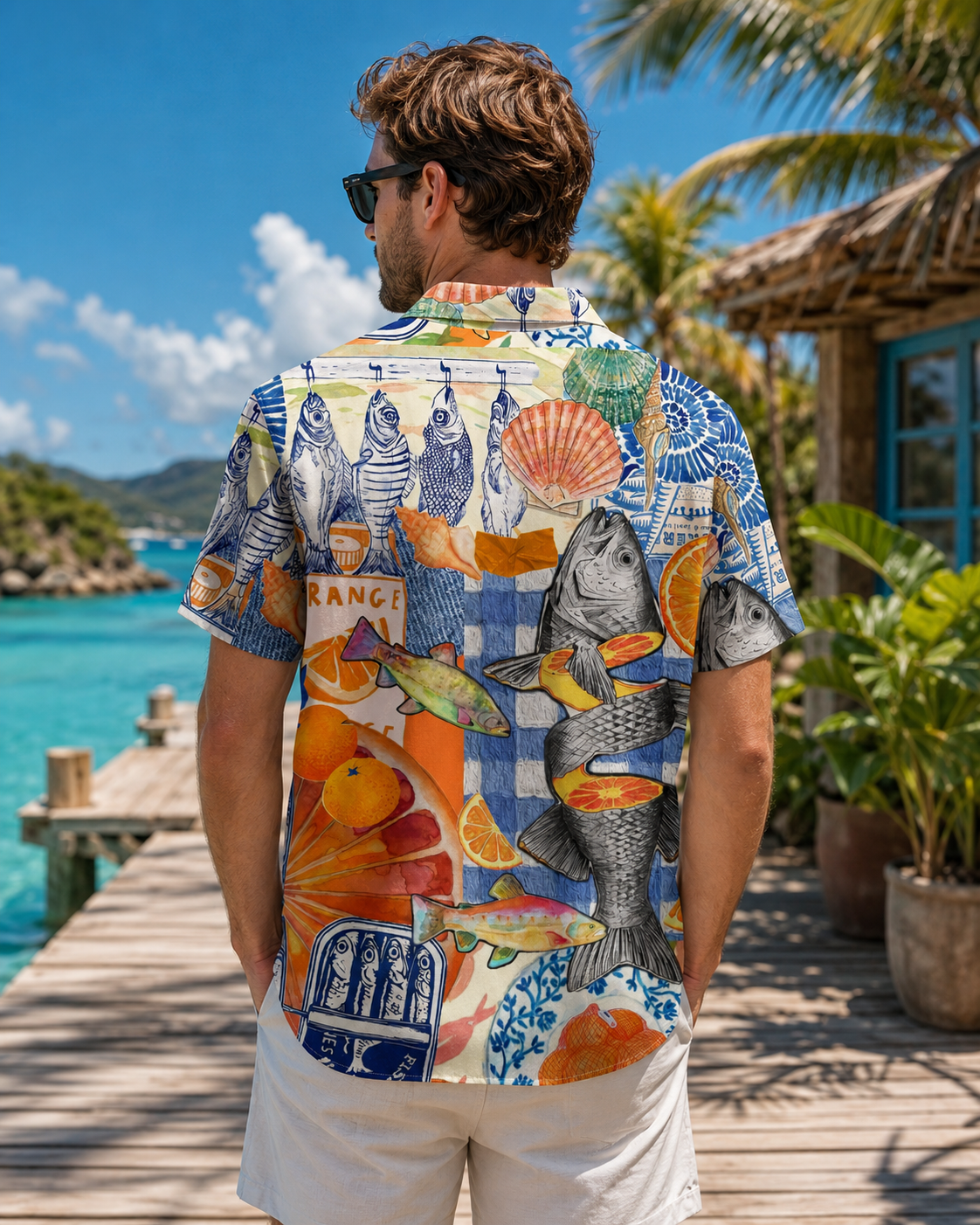 Fish Orange Collage Seashell Men's Hawaiian Shirt