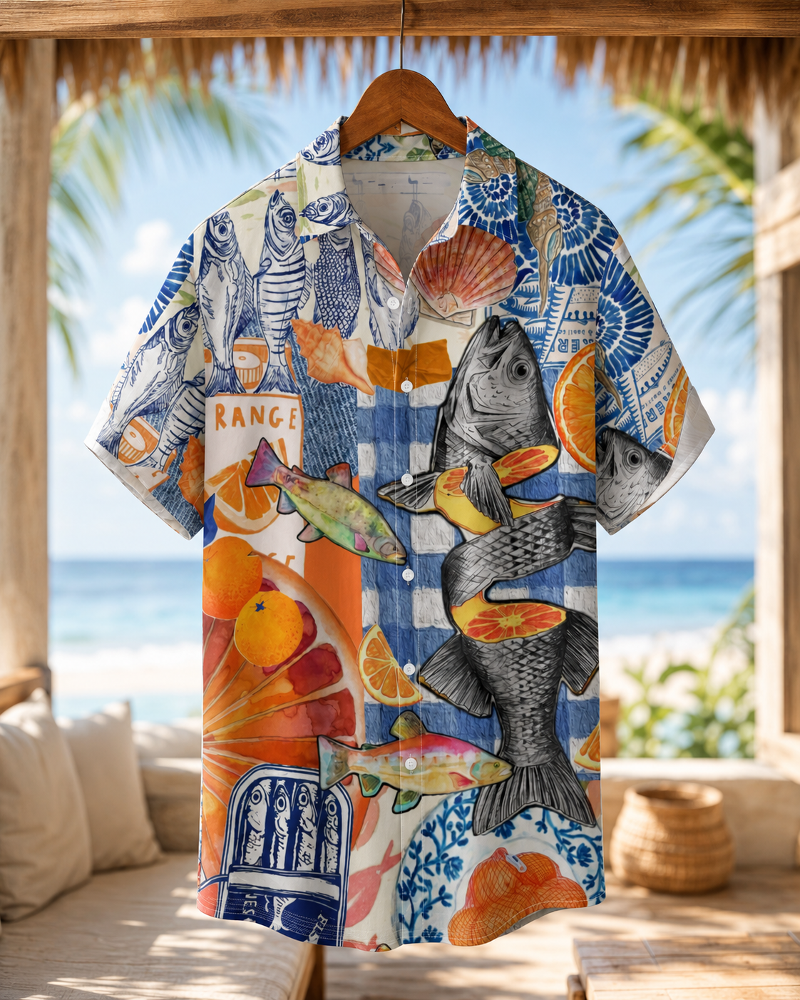 Fish Orange Collage Seashell Men's Hawaiian Shirt
