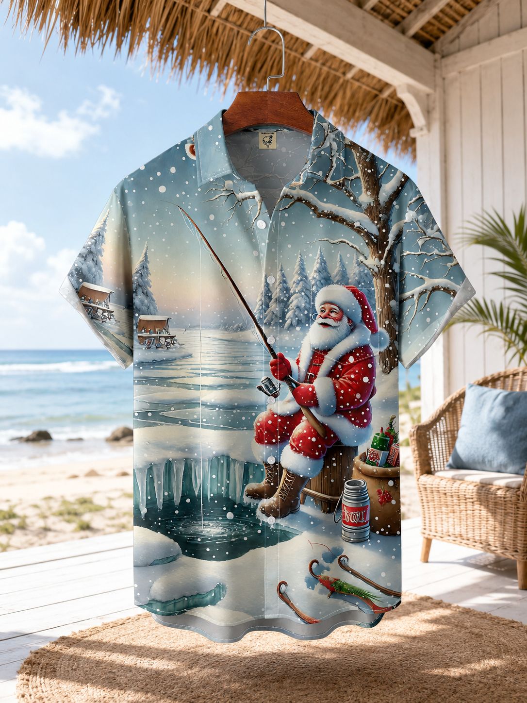 Men's Santa Ice Fishing Christmas Hawaiian Shirt | Short Sleeve