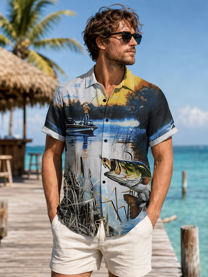 Men's Bass Fishing Scenic Hawaiian Shirt | Short Sleeve Shirt