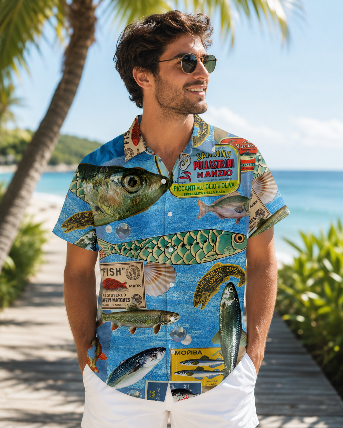 Vintage Sardine Label Collage Men's Hawaiian Shirt