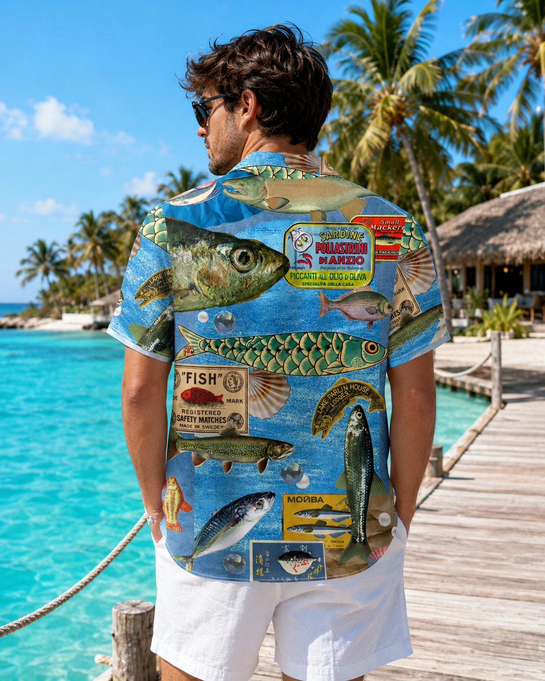 Vintage Sardine Label Collage Men's Hawaiian Shirt
