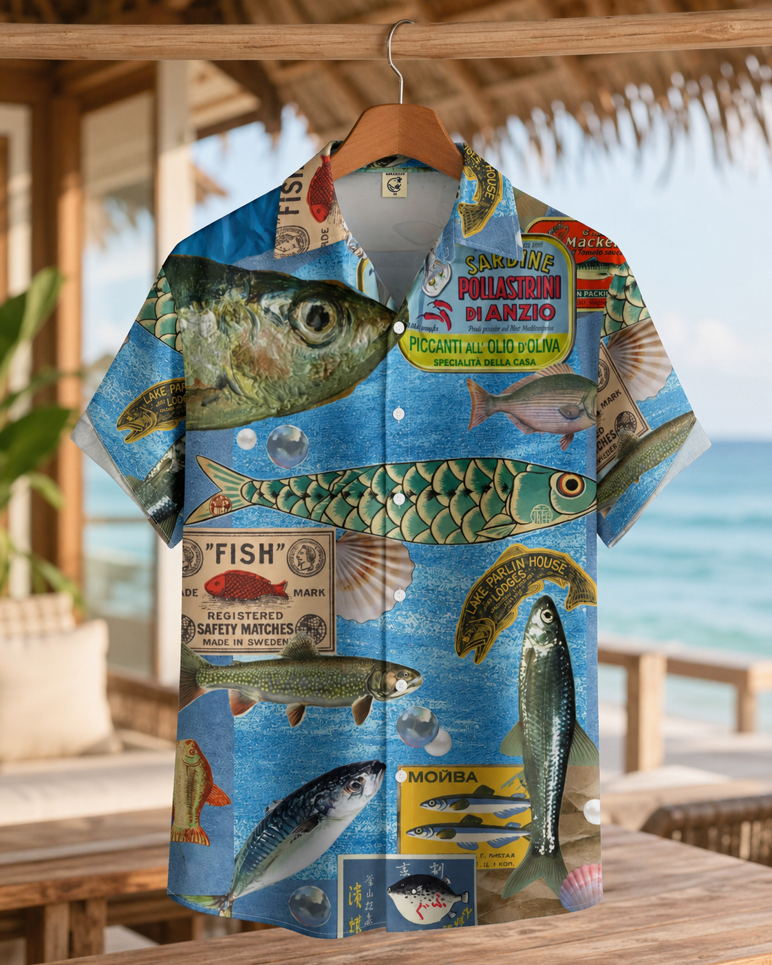 Vintage Sardine Label Collage Men's Hawaiian Shirt
