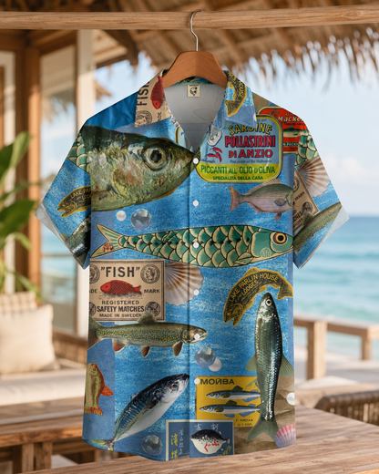 Vintage Sardine Label Collage Men's Hawaiian Shirt