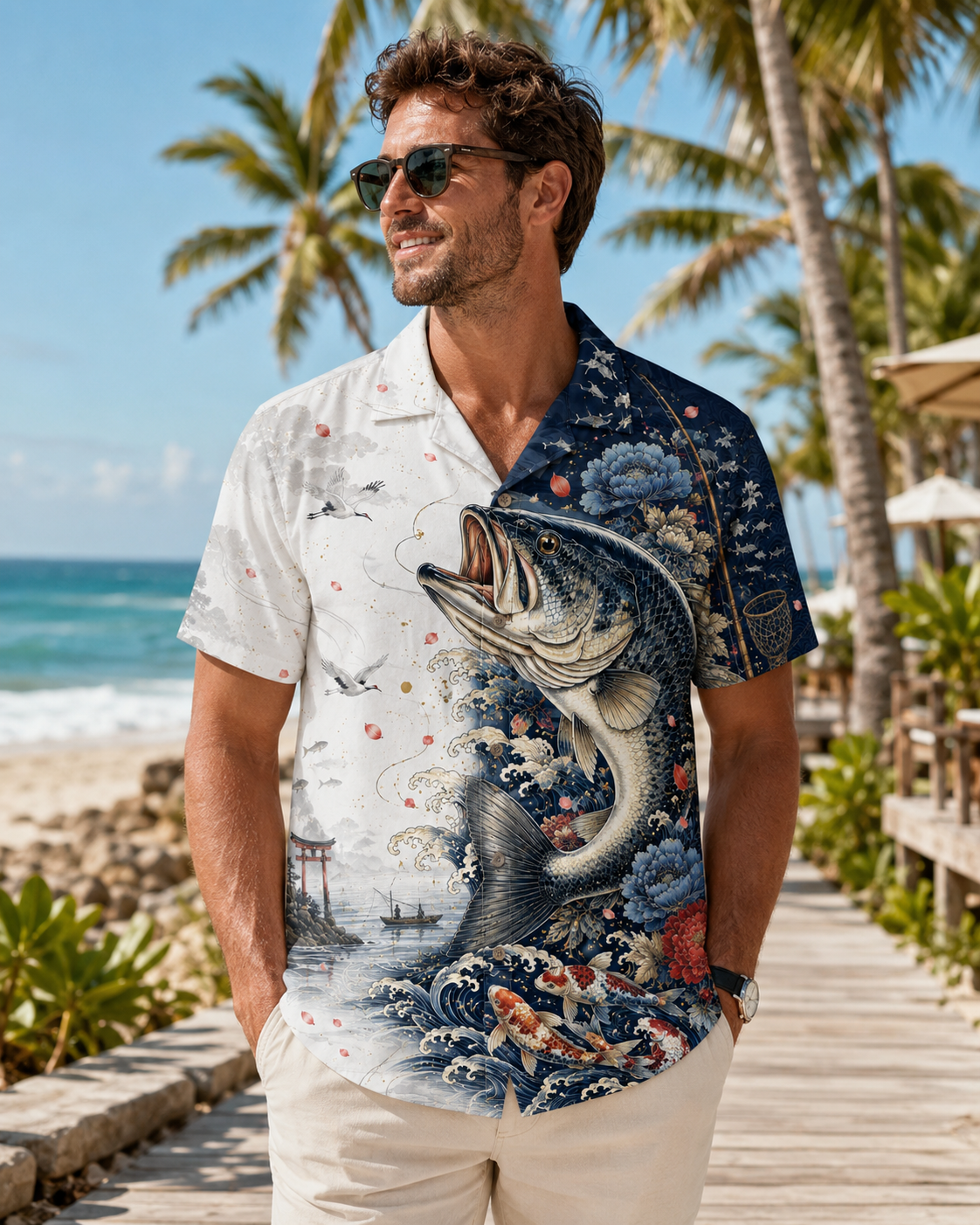 Japanese Bass Koi Wave Crane Men's Hawaiian Shirt