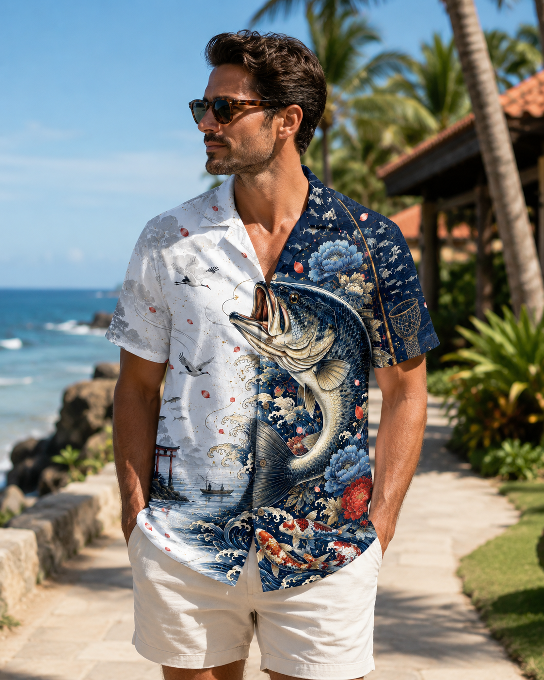 Japanese Bass Koi Wave Crane Men's Hawaiian Shirt