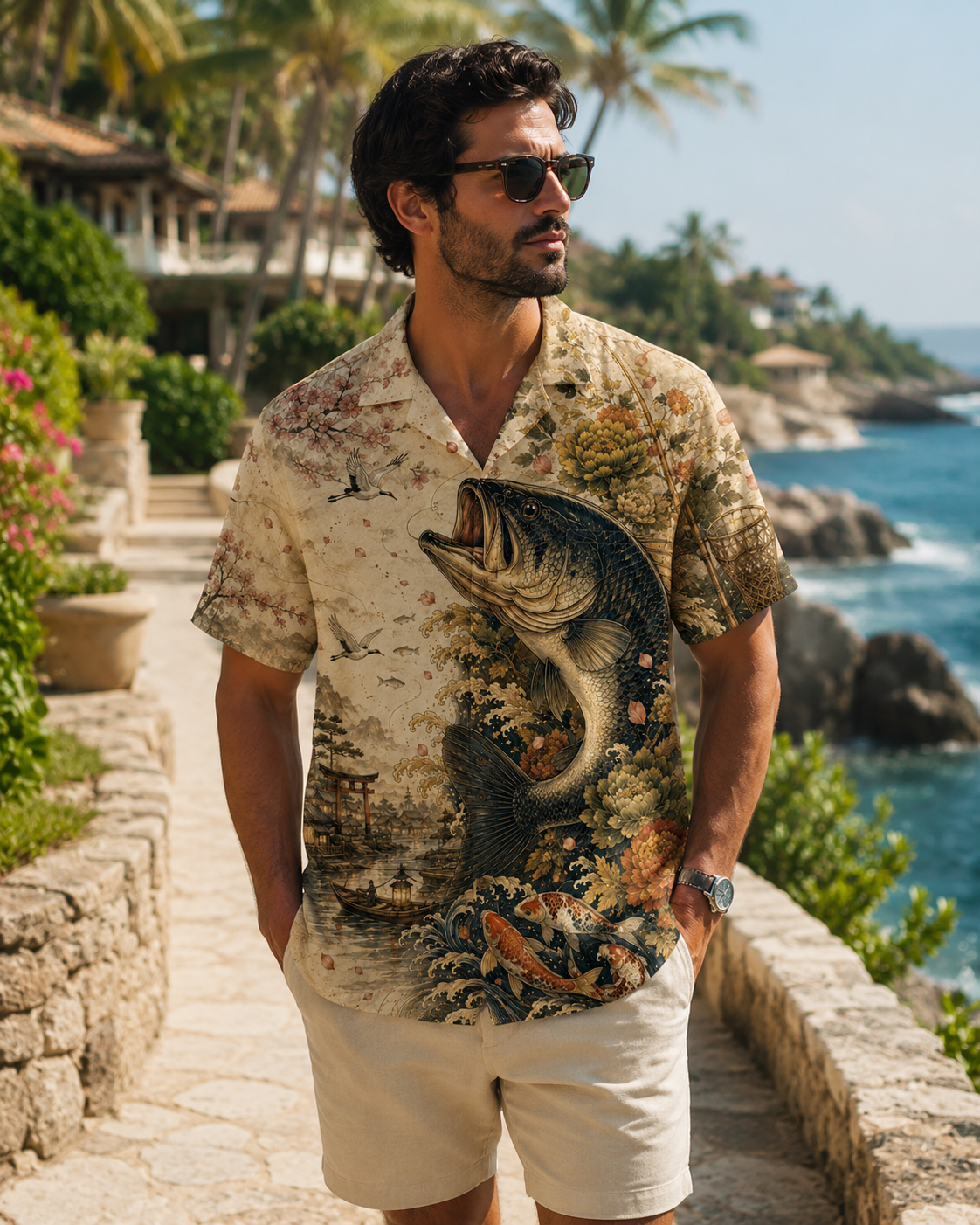 Vintage Japanese Bass Koi Cherry Blossom Hawaii Shirt