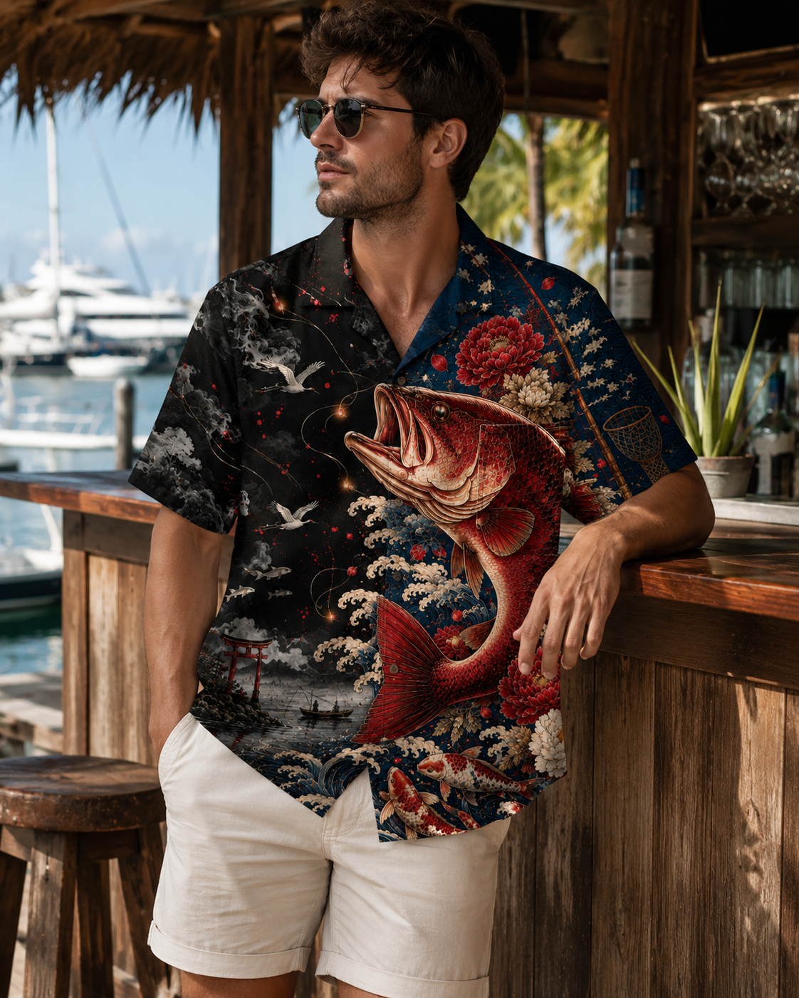 Japanese Red Koi Bass Wave Floral Men's Hawaiian Shirt