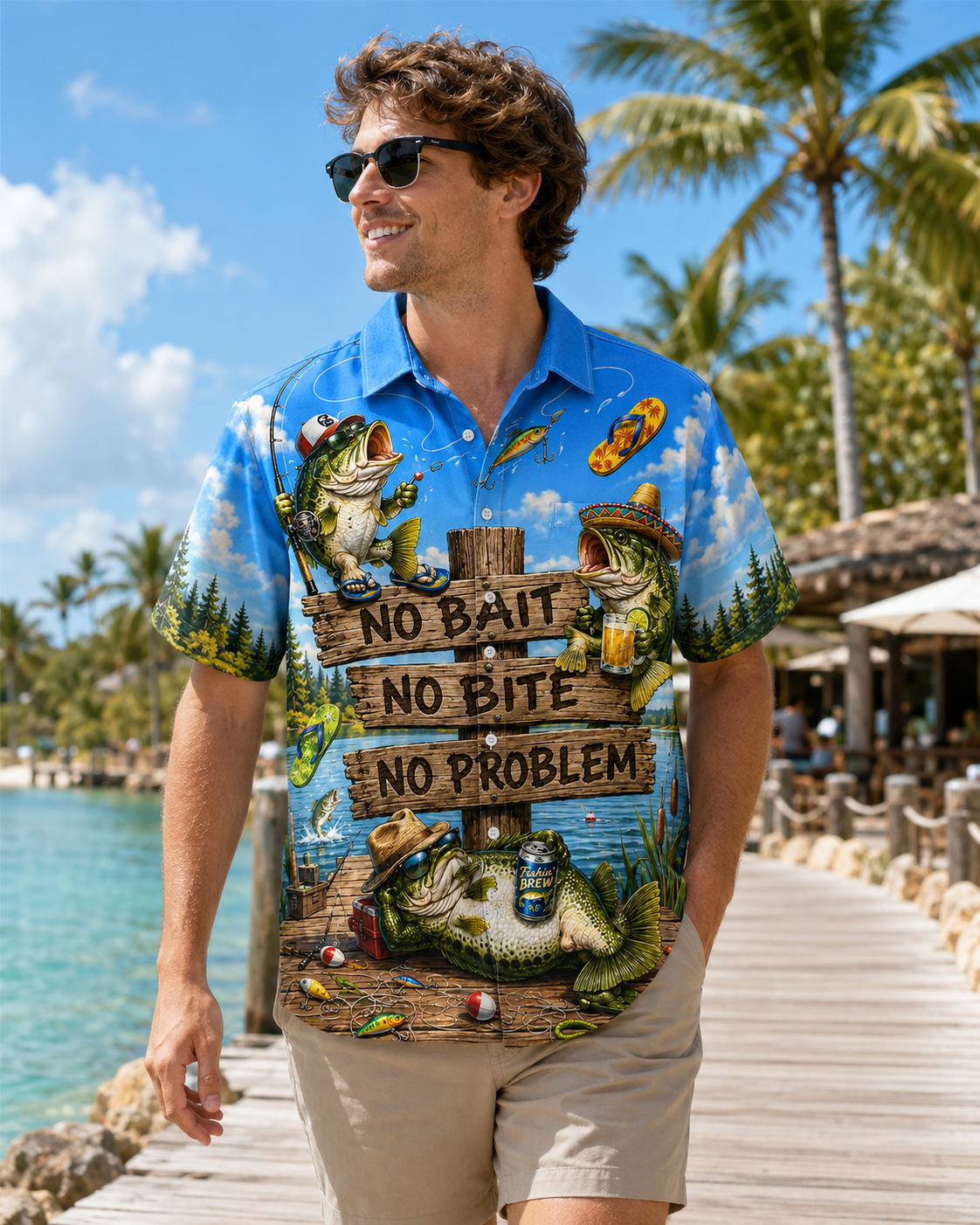 No Bait No Bite No Problem Bass Men's Hawaiian Shirt