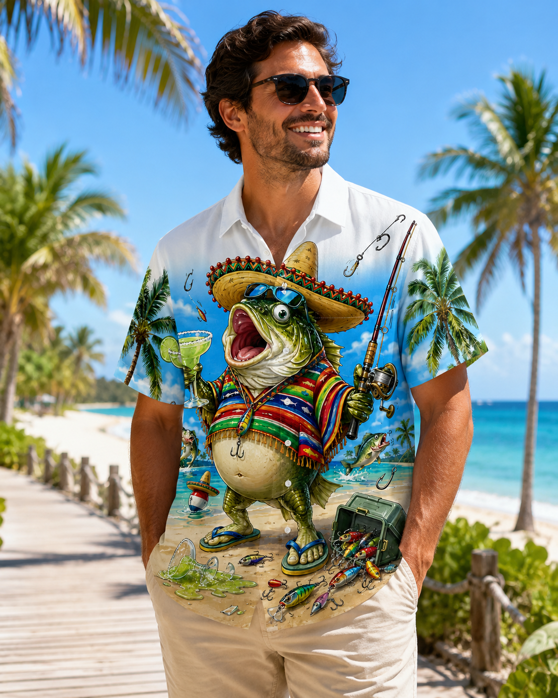 Funny Bass Fish Sombrero Margarita Men's Hawaiian Shirt