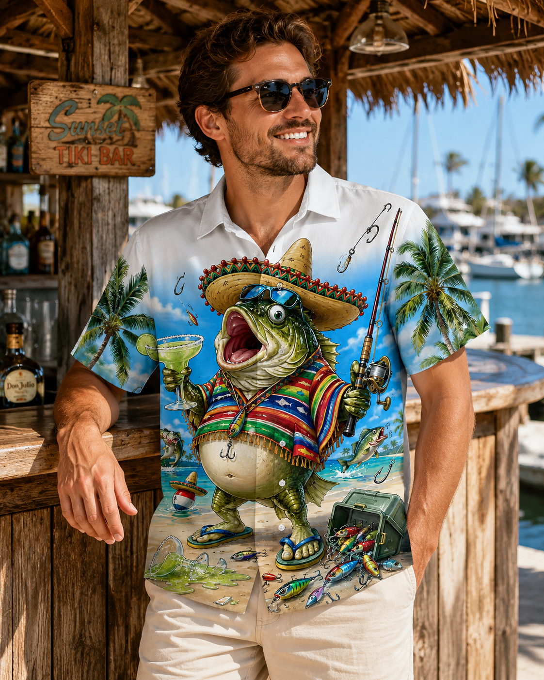 Funny Bass Fish Sombrero Margarita Men's Hawaiian Shirt