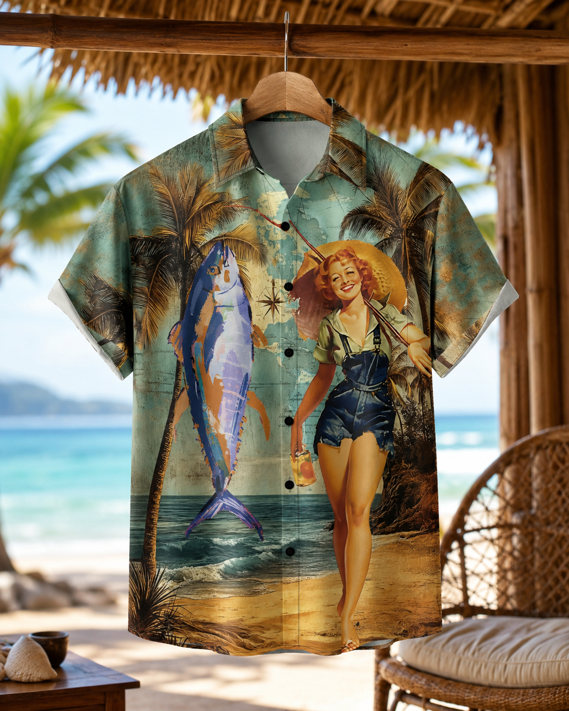 Vintage Pin Up Girl Tuna Beach Men's Hawaiian Shirt