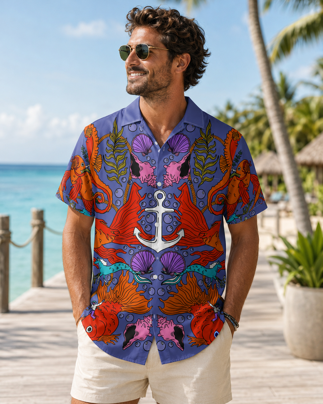 Anchor Seahorse Goldfish Ocean Men's Hawaiian Shirt